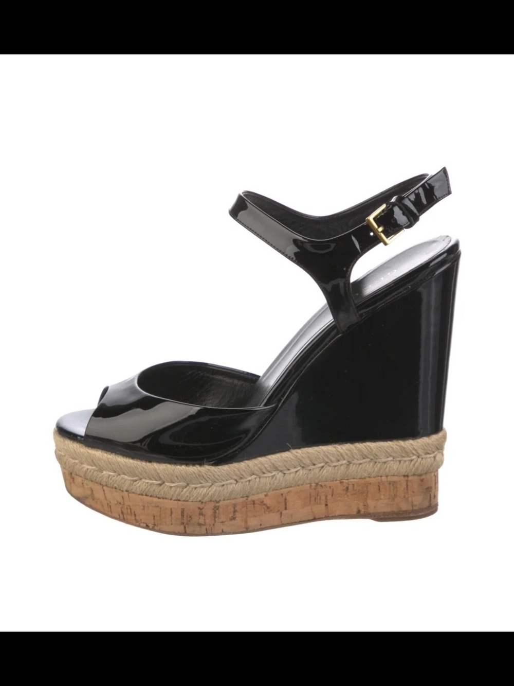 🖤 Gucci 🖤 Women’s Black Patent Wedge Sandal with Cork Platform